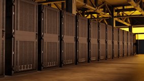 Row of black server racks in industrial data center with yellow lighting and exposed ceiling. Cloud computing and digital storage infrastructure concept. Design for banner, poster, wallpaper - Powered by Shutterstock - Get 15% off with code: PIKWIZARD15