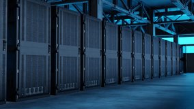 Row of black server racks in industrial data center with blue lighting and exposed ceiling. Cloud computing and digital storage infrastructure concept. Design for banner, poster, wallpaper - Powered by Shutterstock - Get 15% off with code: PIKWIZARD15