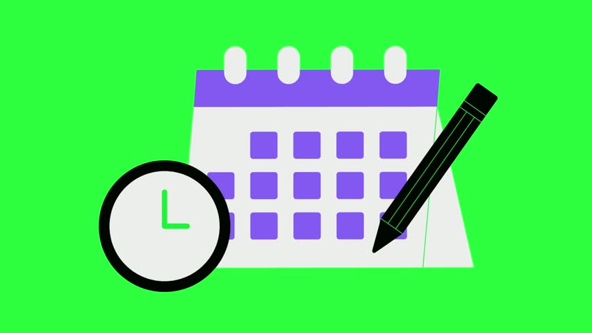 calendar, clock and pencil on green background. Represents scheduling, deadlines and time management.