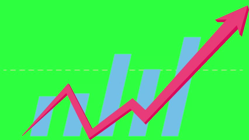 animated chart with blue bars and a pink arrow pointing upwards, set against a vibrant green screen backdrop