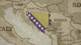 Vintage Style World Map with Bosnia and Herzegovina highlighted in National Flag Overlay - Powered by Shutterstock - Get 15% off with code: PIKWIZARD15