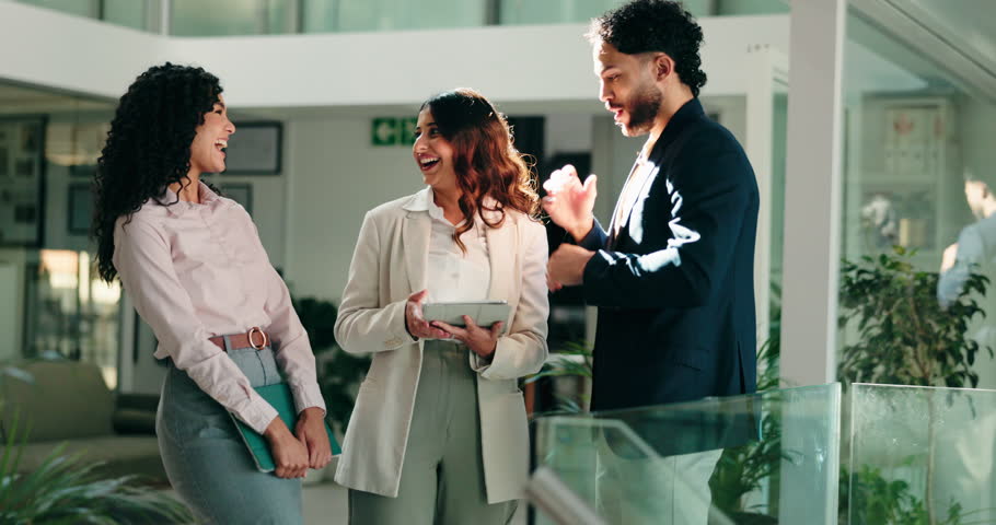 Group, business people and meeting in office, tablet and conversation with planning for tax audit. Employees, financial advisor and accounting in workplace, tech and feedback for report and smile