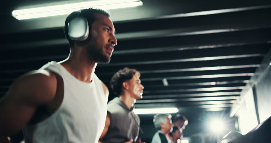 Man, treadmill and run with headphones at gym, exercise and endurance with health podcast or music. Cardio, workout sweat and machine with training, intense and listening to radio at fitness center
