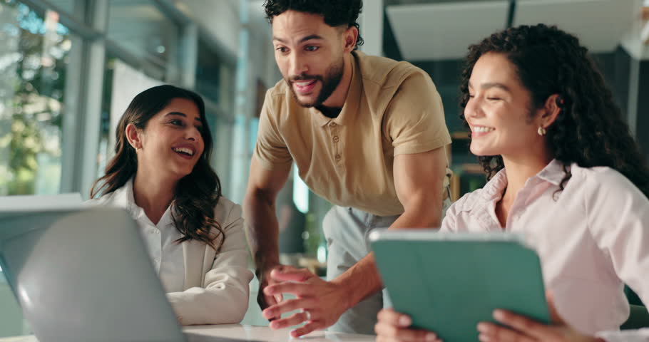 Teamwork, online and research with business people in office for planning, article review and project. Media collaboration, meeting and help with group of employees with tablet, laptop and discussion