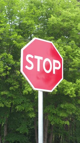 Red stop sign standing tall against a backdrop of vibrant green trees, emphasizing road safety and traffic regulations