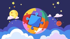 Whimsical night sky with puzzle globe animation celebrating World Autism Awareness Day in a colorful, hopeful tone. - Powered by Shutterstock - Get 15% off with code: PIKWIZARD15