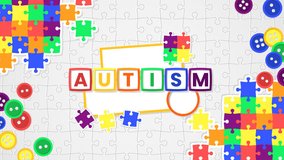 Bright and playful puzzle animation with letter blocks spelling “AUTISM” surrounded by puzzle pieces and buttons—great for kids’ awareness content. - Powered by Shutterstock - Get 15% off with code: PIKWIZARD15