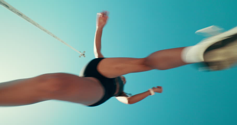 Blue sky, fitness and below of people jump for exercise, training and cardio workout outdoor. Sports, low angle and athletes running for performance, endurance or challenge in urban town for marathon