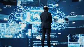 Modern businessman uses virtual reality gadget next to neural network system, using cybernetics and robotics for deep learning concept. AI brain automation tools for development. Camera B. - Powered by Shutterstock - Get 15% off with code: PIKWIZARD15