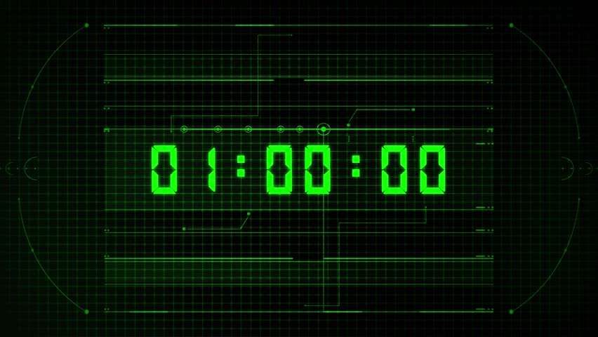6-digits one minute digital clock countdown timer. Green digits and decorative elements on black. 60 seconds Retro digital alarm clock, count-down. Sci-fi retro futuristic computer user interface.