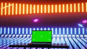 Empty space with colorful neon lights and an isolated laptop display creates futuristic cyberpunk vibe and artistic visual design. Modern urban style with glowing colors. Camera B. - Powered by Shutterstock - Get 15% off with code: PIKWIZARD15