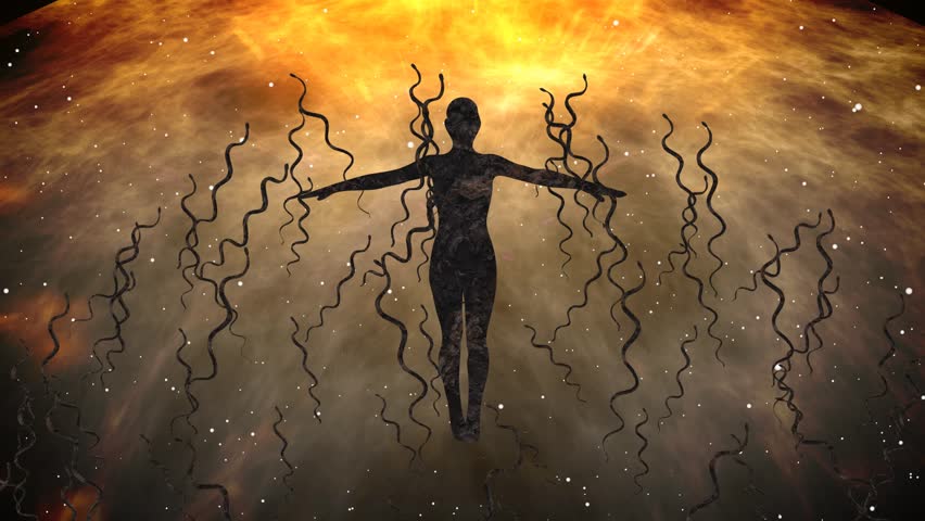 Silhouette of a standing person with arms outstretched surrounded by a snake symbol