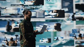 Defense forces officer reviews surveillance and digital systems, getting combat ready with warfare strategies and battlefield details. War planning operations in military control center. Camera B. - Powered by Shutterstock - Get 15% off with code: PIKWIZARD15