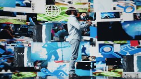 Modern cool man uses virtual reality glasses for a 3d web connection, vr simulation showcasing innovation for social media engagement. Working on visual storytelling on the feed. Camera B. - Powered by Shutterstock - Get 15% off with code: PIKWIZARD15