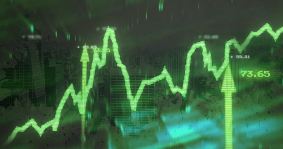 Emerging green line chart rising and falling over city skyline, marking data peaks and social tags. Analytics, data visualization, financial, digital, urban, trend, social media