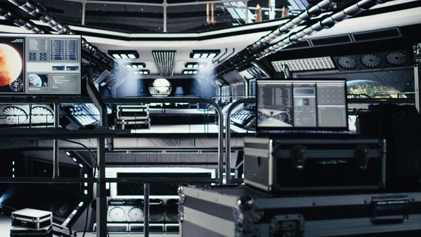 Laptop inside high tech spaceship cockpit displaying analytics and mission telemetry software. Notebook in orbit station shows performance dashboard during cosmic navigation