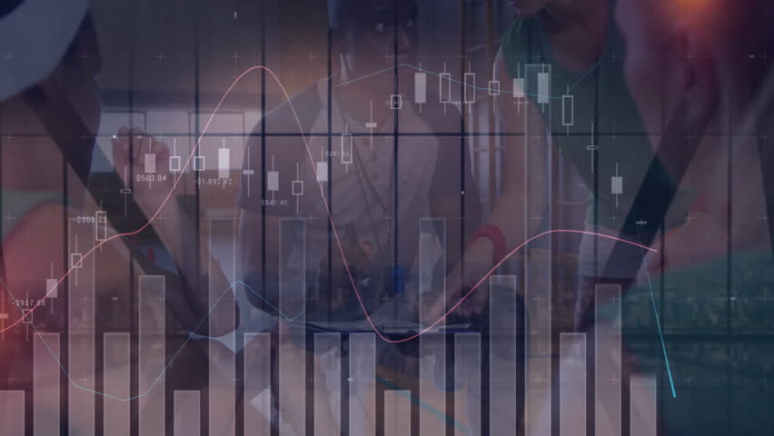 Team leaning and pointing report, monitoring bar and candlestick overlay reflecting market trends. Business, collaboration, analytics, finance, data, professional, teamwork - Powered by Shutterstock - Get 15% off with code: PIKWIZARD15