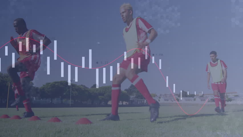 First soccer athlete stepping forward into high-knee cone drills with chart overlay tracking stats. Athletes, performance, training, agility, sportswear, teamwork, outdoor - Powered by Shutterstock - Get 15% off with code: PIKWIZARD15