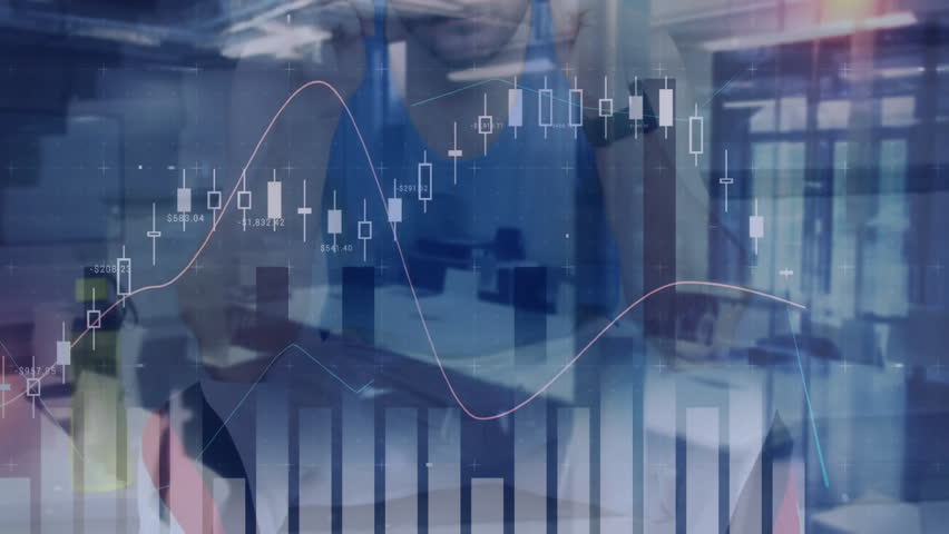 Animated candlestick charts sweeping screen triggers man taking notes and reviewing market data. Finance, analysis, productivity, technology, concentration, business, workspace