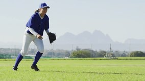 Baseball fielder reacting to emoji spheres appearing overhead and diving forward to catch them. Athlete, sports, dynamic, determination, teamwork, outdoor, vibrance - Powered by Shutterstock - Get 15% off with code: PIKWIZARD15