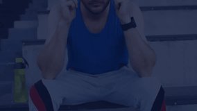 Sitting on bleachers adjusting headphones tapping smartwatch and viewing animated performance chart. Athlete, fitness, wearable technology, data visualization, outdoor training, performance analysis, - Powered by Shutterstock - Get 15% off with code: PIKWIZARD15