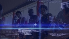 Sports team sitting on bench, upon binary code scrolling, analyzing sports analytics overlays. Athletes, teamwork, data visualization, digital interface, performance analysis, fitness, modern design - Powered by Shutterstock - Get 15% off with code: PIKWIZARD15