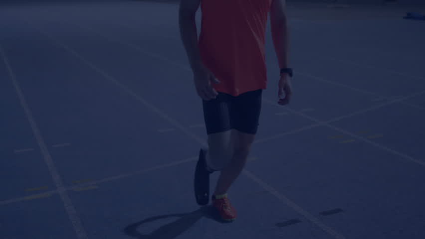 Male runner starting jog on track, causing fitness charts animating with circular progress updating. Athletic, data visualization, performance, outdoor, digital graphics, fitness, progress