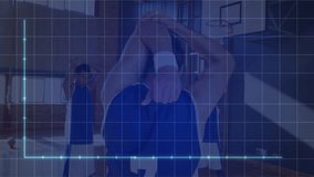 Player 7 stretching arms initiating sports analytics graph tracking warmup across gym grid overlay. Athletes, teamwork, performance, fitness, innovation, visualization, momentum - Powered by Shutterstock - Get 15% off with code: PIKWIZARD15