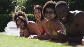 Five friends leaning poolside smiling initiating heart emojis drifting amplifying social media buzz. Friends, leisure, summer, vibrant, outdoor, friendship, relaxation - Powered by Shutterstock - Get 15% off with code: PIKWIZARD15