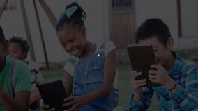 Children holding tablets on bench, generating expanding education network overlay for connectivity. Children, technology, connectivity, digital, outdoor, learning, collaboration - Powered by Shutterstock - Get 15% off with code: PIKWIZARD15