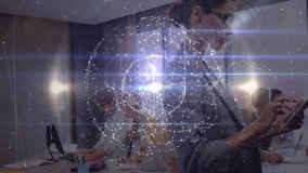 Woman tapping tablet in tech office and animating digital globe network visualizing global data. Collaboration, innovation, connectivity, teamwork, digital, modern, analytics - Powered by Shutterstock - Get 15% off with code: PIKWIZARD15