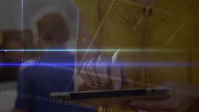 Tech professional tapping tablet and revealing animated binary code forming real-time data stream. Technology, innovation, digital, futuristic, data, connectivity, modern - Powered by Shutterstock - Get 15% off with code: PIKWIZARD15