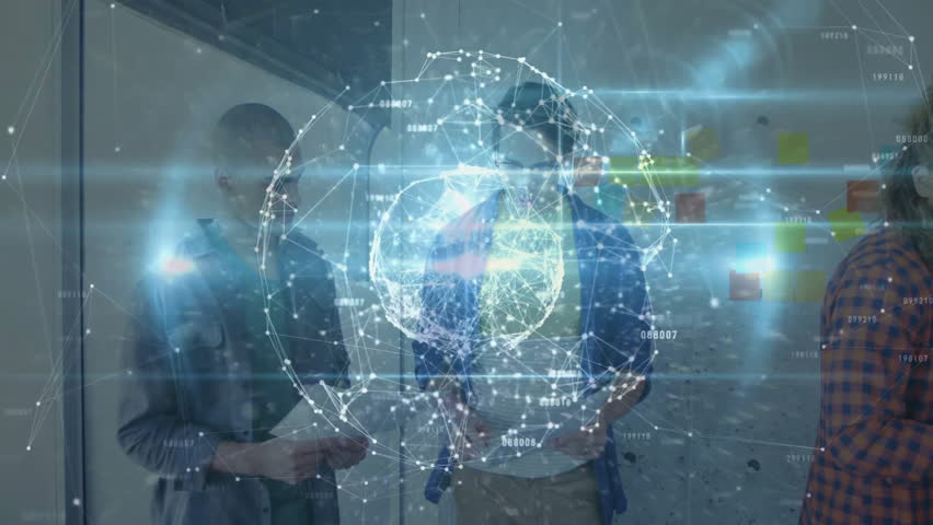 Team reading sheets initiating hologram globe projection with tablet for business data analysis. Collaboration, technology, visualization, innovation, brainstorming, futuristic, teamwork - Powered by Shutterstock - Get 15% off with code: PIKWIZARD15