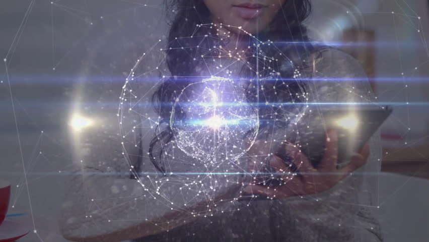 Woman tapping tablet screen activating rotating hologram globe visualizing data in technology. Futuristic, innovation, connectivity, digital, interface, visualization, high-tech - Powered by Shutterstock - Get 15% off with code: PIKWIZARD15