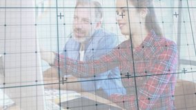 Design colleagues starting digital design session, woman placing stylus, man pointing grid overlay. Collaboration, creativity, workspace, technology, brainstorming, innovation, modern - Powered by Shutterstock - Get 15% off with code: PIKWIZARD15