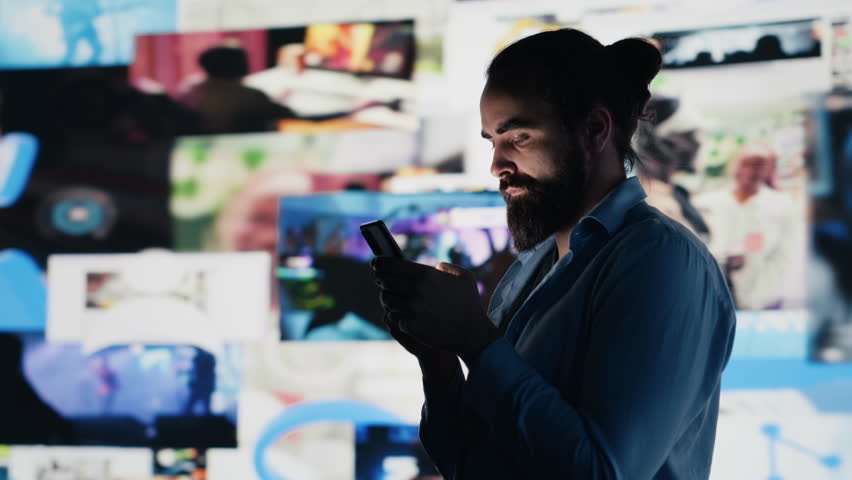 Young addicted guy obsessing over social media presence at all times, isolation in the real world and anxiety building up. Obsessive dangerous doomscrolling and overuse. Camera A.