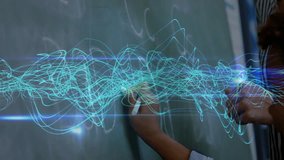 Student drawing waveform on board with teacher hand appearing and guiding for education hologram. Educator, mentorship, digital learning, interactive, futuristic, illustrative, innovation - Powered by Shutterstock - Get 15% off with code: PIKWIZARD15