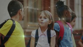 Hearing bell ringing, children gathering with animated icons above backpacks pulsing for education. Children, school, education, playground, teamwork, schoolyard, friendship - Powered by Shutterstock - Get 15% off with code: PIKWIZARD15