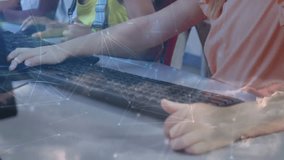 Desk panning showing girls typing in classroom, network overlay supporting learning teacher guiding. Learning, mentorship, collaboration, focus, education, technology, teamwork - Powered by Shutterstock - Get 15% off with code: PIKWIZARD15