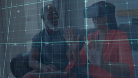 Woman placing VR headset and exploring VR world with shifting grid overlay while man encouraging. Technology, innovation, digital, entertainment, futuristic, connection, leisure - Powered by Shutterstock - Get 15% off with code: PIKWIZARD15
