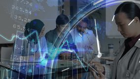 Medical team meeting, female physician scrolling tablet, visualizing data with world map and graphs. Collaboration, professionalism, digital, innovation, healthcare, teamwork, analysis - Powered by Shutterstock - Get 15% off with code: PIKWIZARD15