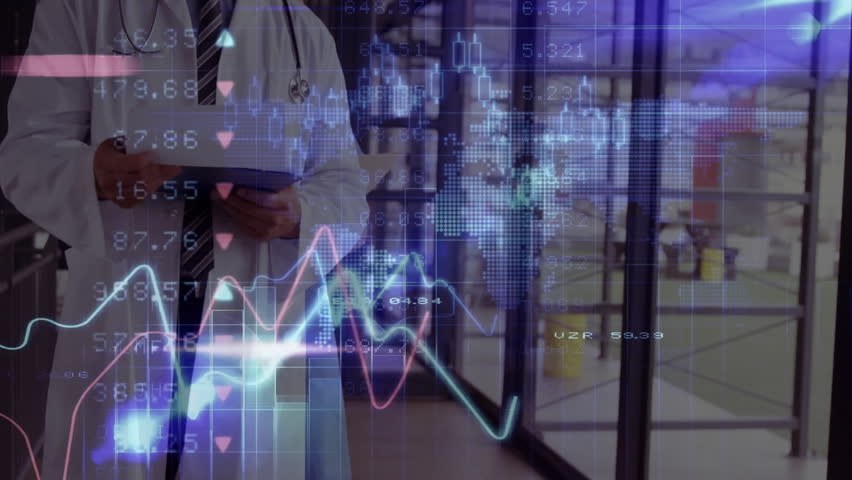 Male doctor tapping tablet, revealing and updating holographic medical charts for real-time review. Medical, technology, futuristic, innovation, healthcare, data, analysis