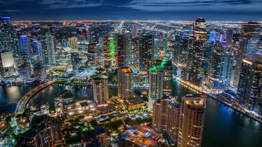 This mesmerizing hyperlapse captures the stunning essence of Downtown Miami and Brickell Key, showcasing the vibrant city lights and the dynamic skyline illuminated beautifully at night