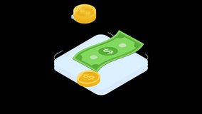 This 4K vertical animation features a dynamic isometric illustration of stacked gold coins and neatly arranged green cash bills placed on a digital platform or screen.  - Powered by Shutterstock - Get 15% off with code: PIKWIZARD15