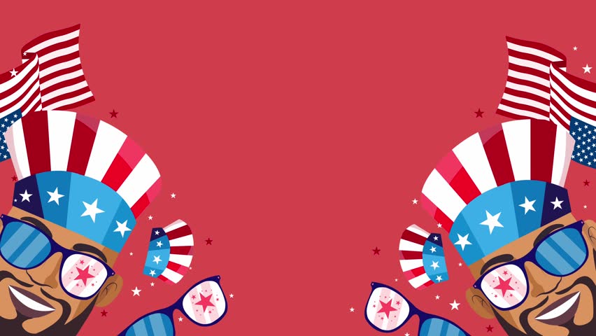 Festive pattern of Uncle Sam heads with flags and fireworks for July 4th