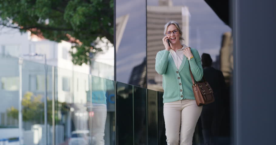 Business woman, walking and leaving work with phone call for auction schedule, appointment info or networking. Real estate agent, person and speaking to client on balcony for property viewing or sale