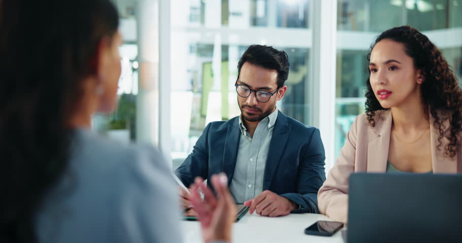 Collaboration, colleagues and people with tablet, ideas and brainstorming for project in boardroom. Marketing, team and group with notes for ad campaign, stylus and planning with research in business