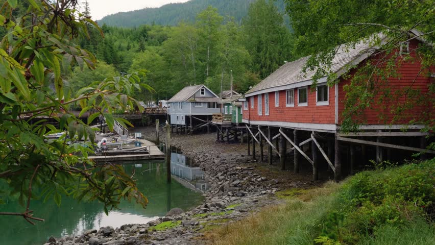 Telegraph Cove Historic Buildings and accomodation on Pilings at low tide, touristic and historic place in the north of vancouver island, british columbia, canada