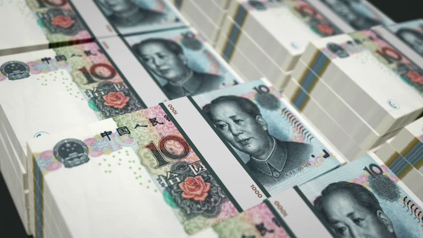 China money Chinese yuan renminbi pack loop 3d animation. Loopable seamless concept of finance, cash, economy, business and bank. Camera moving over 10 CNY banknote bundle stacks.