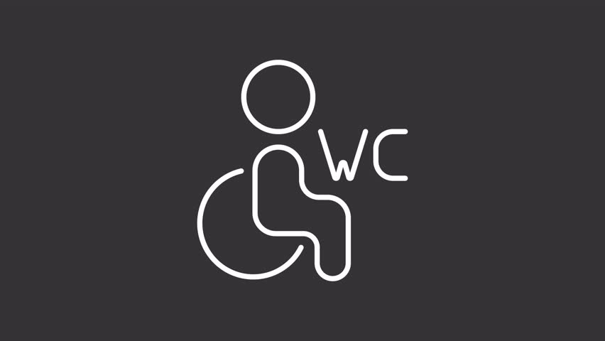 Disabled toilet white line animation. Restroom accessibility animated icon. Scaling letters, shaking head. Wheelchair man. Isolated element on dark background. Alpha transparent video